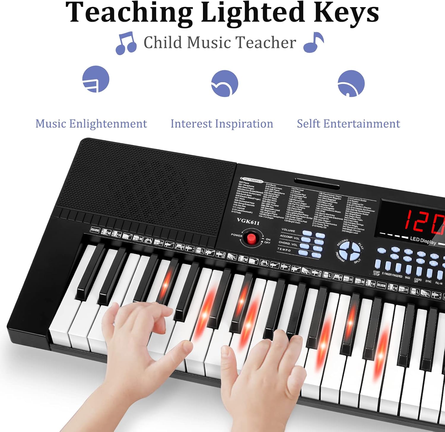 Vangoa 61-Key Light-Up Keyboard Piano for Beginners, 350 Tones & Timbres, 3 Teaching Modes, With Microphone, Black
