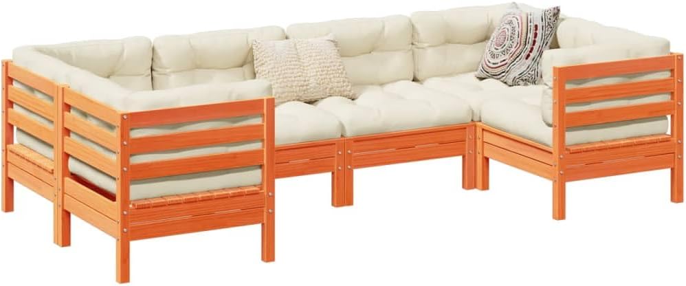 6 Piece Patio Sofa Set with Cushions Wax Brown Solid Wood Pine,Cozy Garden Sofa Set: Durable Pinewood Furniture for Outdoor Relaxation and Comfort Furniture Sets for Patio, Lawn & Garden