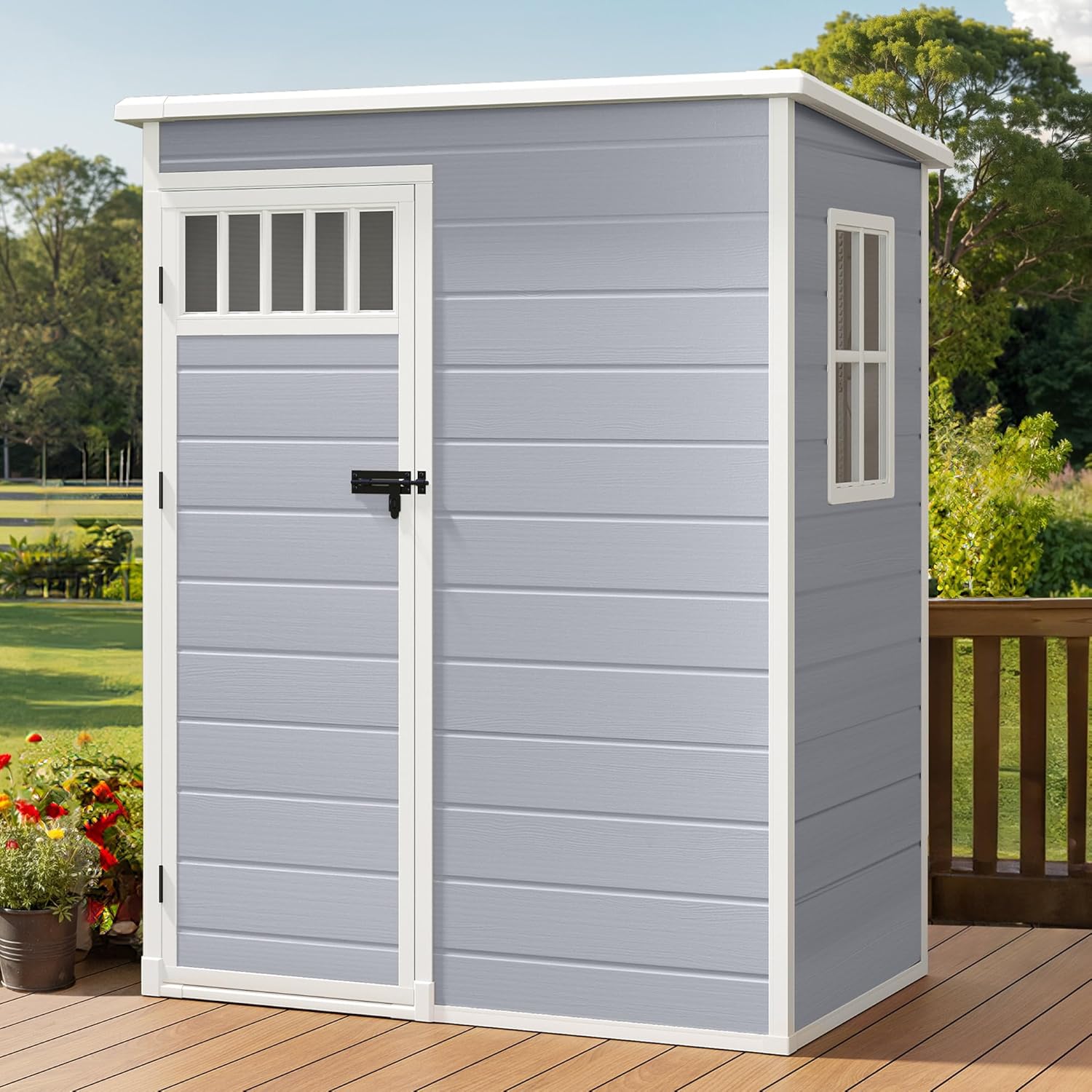 DWVO Outdoor Storage Shed, All-Weather Resin Plastic Storage Shed with Windows, Slanted Roof, Raised Floor, Capacity for Garden Tools & Equipment, Ideal for Backyard & Garden (Gray, 5X3FT)