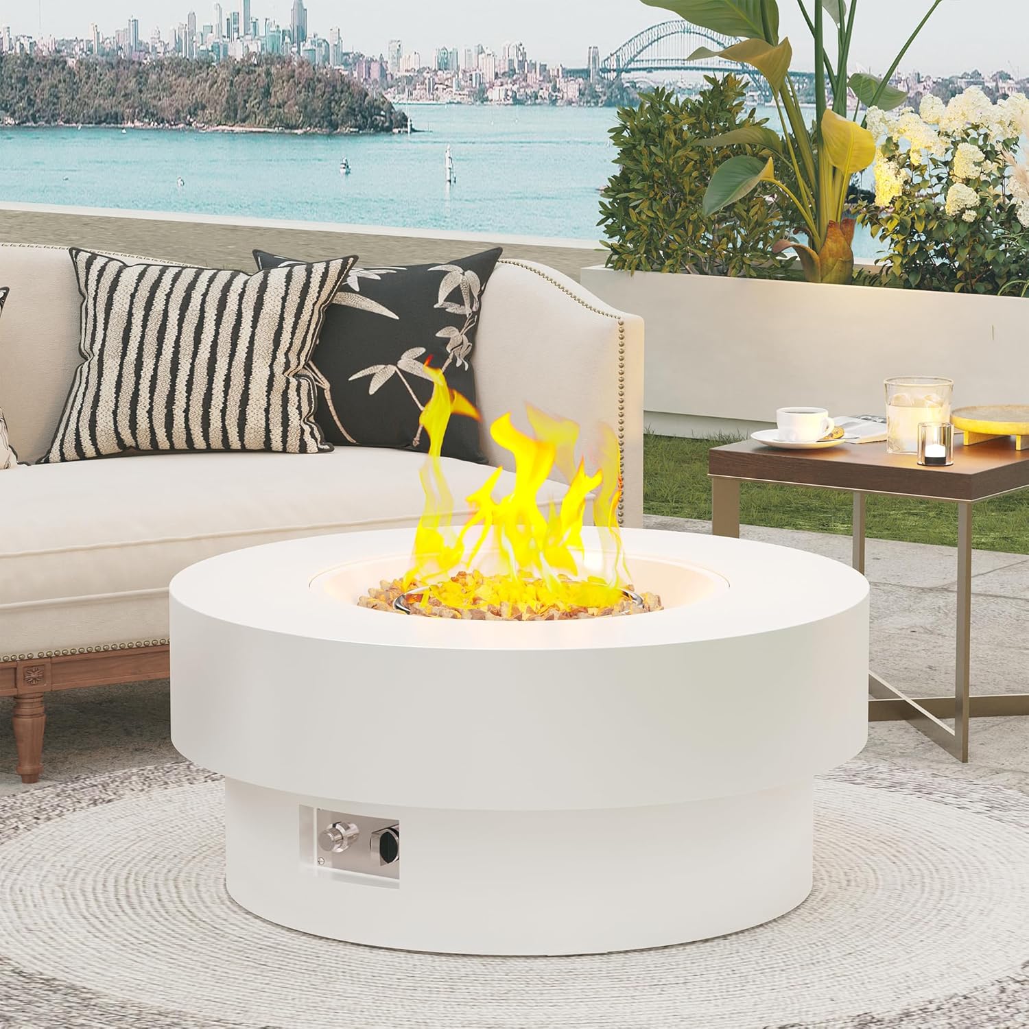 32.5 Inch Propane Fire Pit Table, 50,000 BTU Round Patio Fire Pit Table Outdoor, CSA Certified, Stainless Burner with Steel Lid, Waterproof Cover & Lava Rocks, for Backyard Garden, White