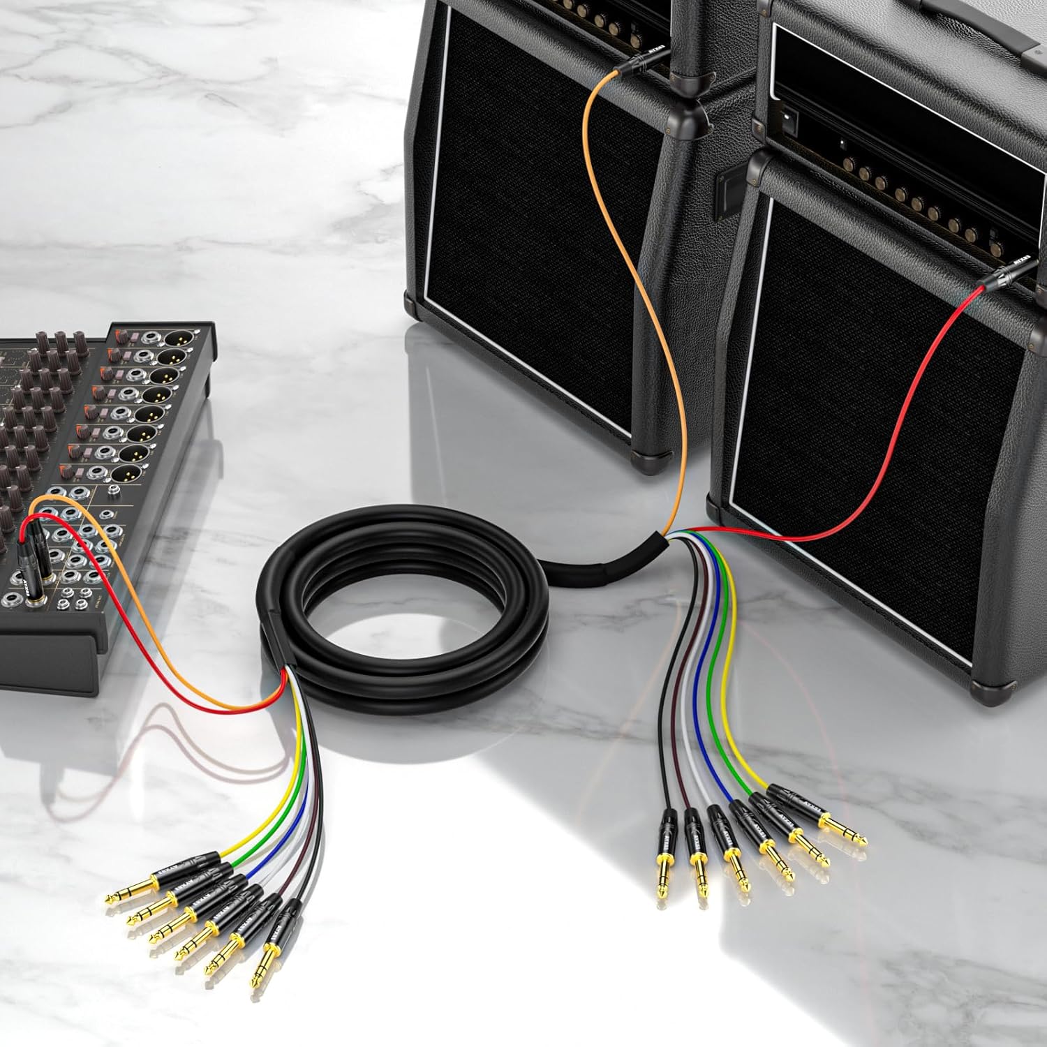 EBXYA 8-Channel 1/4 Inch TRS to TRS Snake Cables 10ft, 6.35mm Male Jack Stereo Audio Balanced Line for Keyboard, Amplifier, Speaker, Mixer, 1 Pack