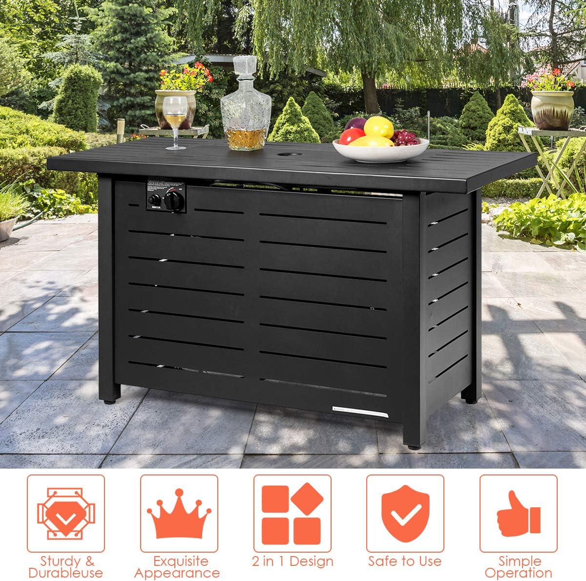 42 Inches Fire Table Outdoor, 60,000 BTU Propane Gas Fire Pit Table with Metal Tabletop, Lid, Lava Rock, Electric Igniter & Hideaway Tank Holder, Propane Fire Pit for Patio, Party(Black)
