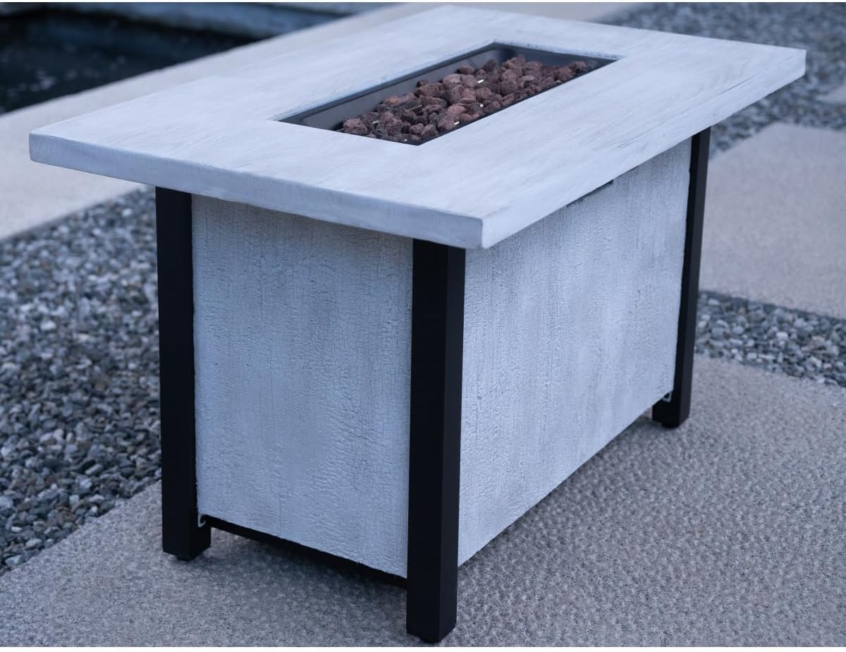 44-inch Rectangle Propane Fire Pit Table, 50,000 BTU Outdoor Patio Heater with Charcoal Grain Texture & Cover, Black & White CSA Certified Gas Fire Pit for Garden