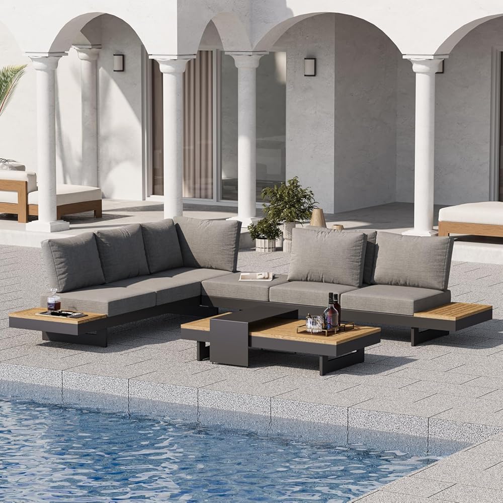 homary Outdoor Patio Conversation Sets, 6 Piece Aluminum & Teak Patio Sectional Sofa Set Outdoor Furniture with Adjustable Backrests, Waterproof, Fade Resistant Cushions Ideal for Patios & Balconies