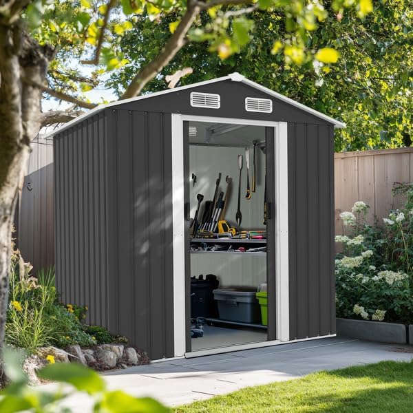 6 x 4 FT Metal Outdoor Storage Shed w/Window & Foundation, Large Utility Garden Shed with Air Vents and Lockable Sliding Doors, Tool Storage House for Backyard Lawn (6 x 4 FT)