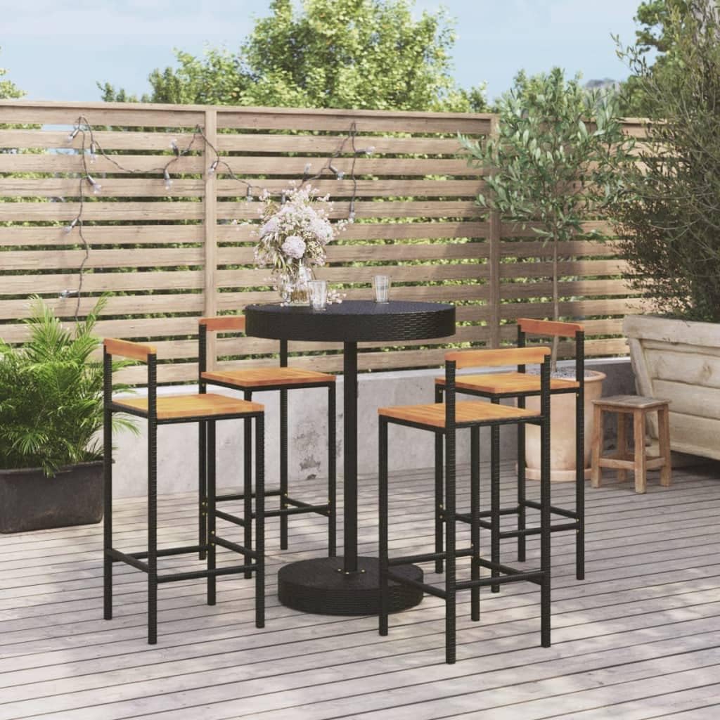 5 Piece Patio Bar Set Black Poly Rattan&Solid Wood Acacia,Modern Patio Bar Set with Weatherproof PE Rattan and Comfortable Wooden Seats for Garden, Patio, and More Patio Furniture Sets, Outdoor Furnit
