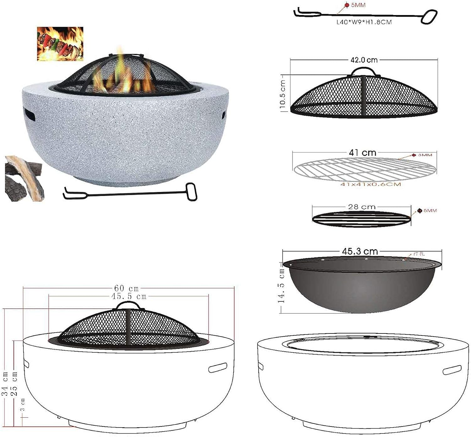 small firepit, Fire Pit Bowl for Garden and Patio, Fire Pit with BBQ Grill Shelf Grill Camping Bowl BBQ with Poker, Grill, Mesh Lid, Grate with Mesh Cover,60x34cm