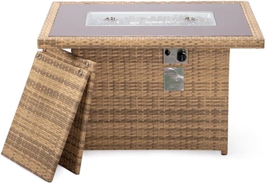 LeisureMod 44-Inch Propane Fire Pit Table, 50,000 BTU Auto-Ignition Gas Fire Pit with Lid, Tempered Glass Wind Guard & Decorative Stones, Light Brown