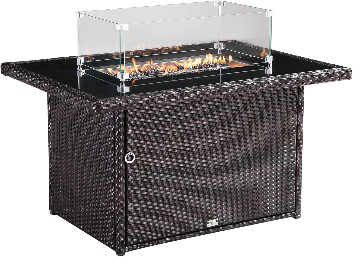 44 in. x 32 in. Rectangular Outdoor Brown Wicker Aluminum Propane Fire Pit Table in Tempered Glass w/Fire Glass, Add Warmth and Ambience to Gatherings and Parties On Patio Deck Garden