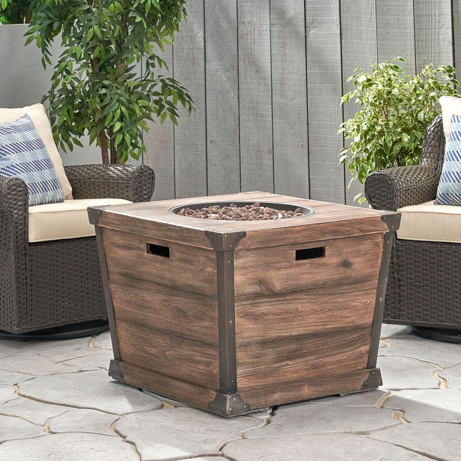 Outdoor Patio 24x32 Inches Square Gas Fire Pit-Concrete Wood Pattern, Brown, 40,000 Btu, Built-in Tank, Ideal for Backyard, Deck (1 Doors)