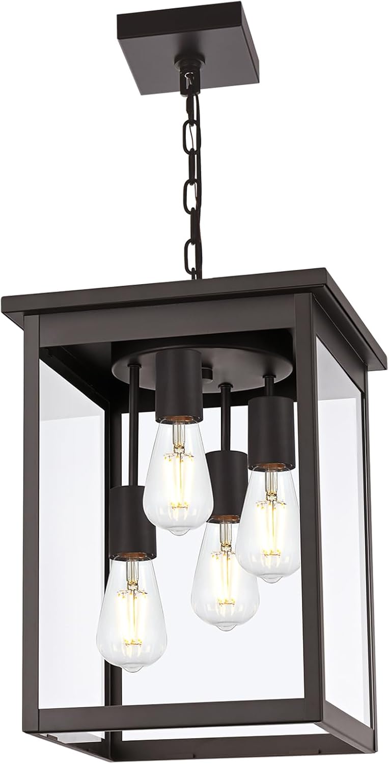Yaohong Large Outdoor Pendant Light Fixture, 4-Light Oil Rubbed Bronze Farmhouse Exterior Hanging Light Fixture with Clear Glass Adjustable Chain, Outdoor Hanging Lantern for Porch Entrance Front