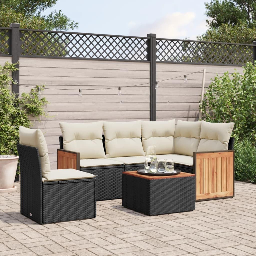 Modular Garden Sofa Set, Black Poly Rattan 6-Piece Outdoor Furniture with Cream Cushions, Weather Resistant Patio Seating for Relaxation