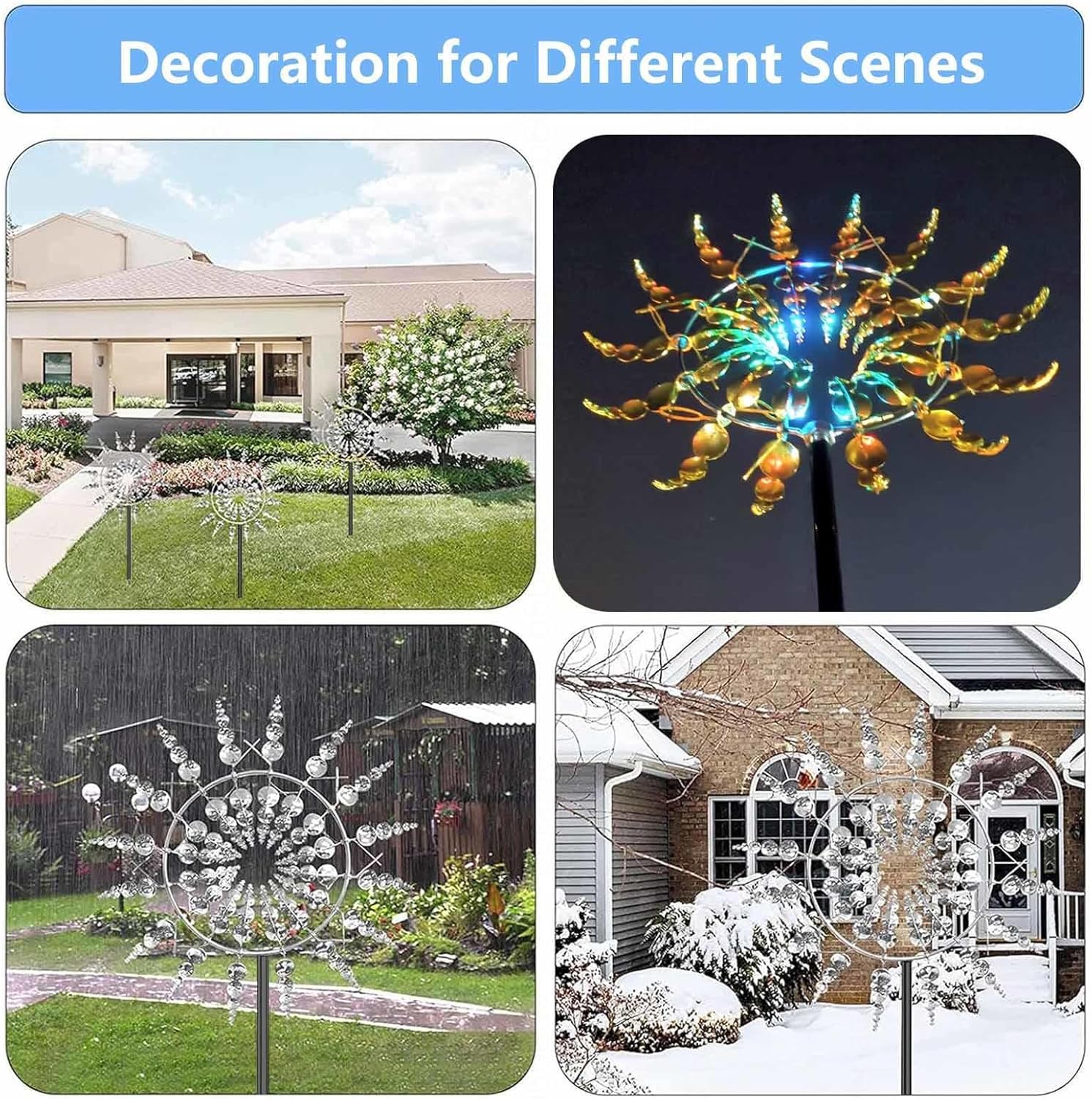 Solar Magical Metal Windmill, Metal Wind Sculptures 3D Wind Powered, 13.4 x 71in Large Wind Spinner,Gold