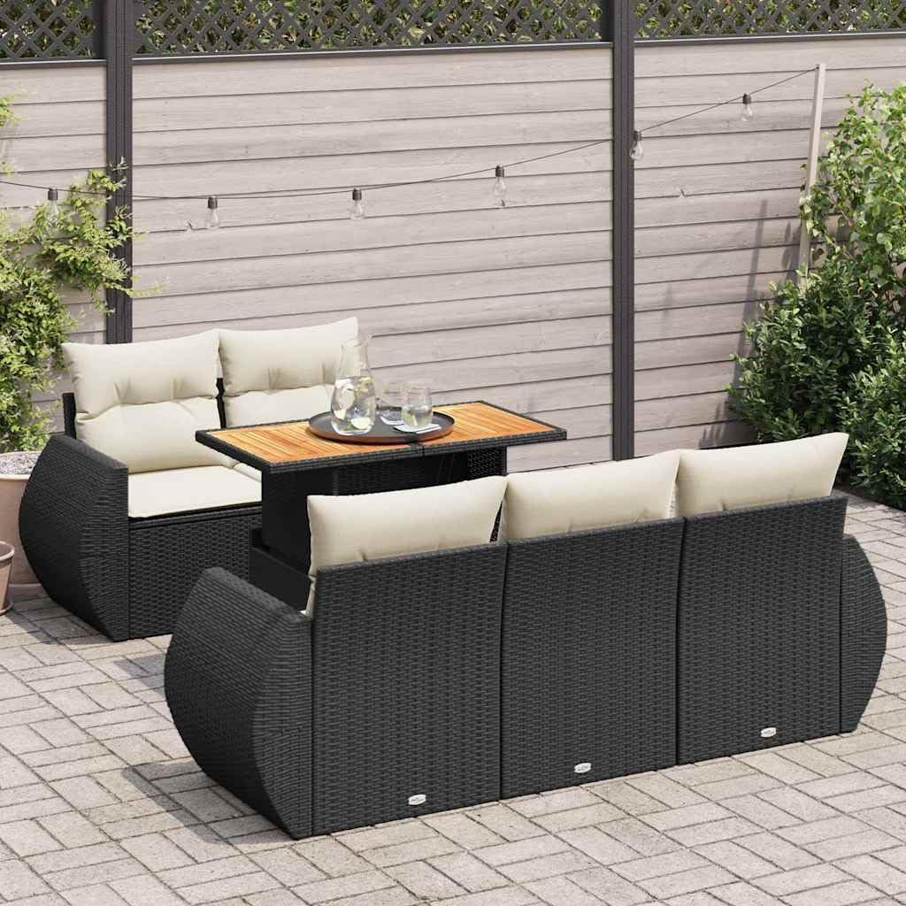 6-Piece Garden Sofa Set in Black and Cream, Modern Outdoor Furniture with Adjustable Armrests, Durable PE Rattan and Acacia Wood, Weather-Resistant Patio Seating for Balcony