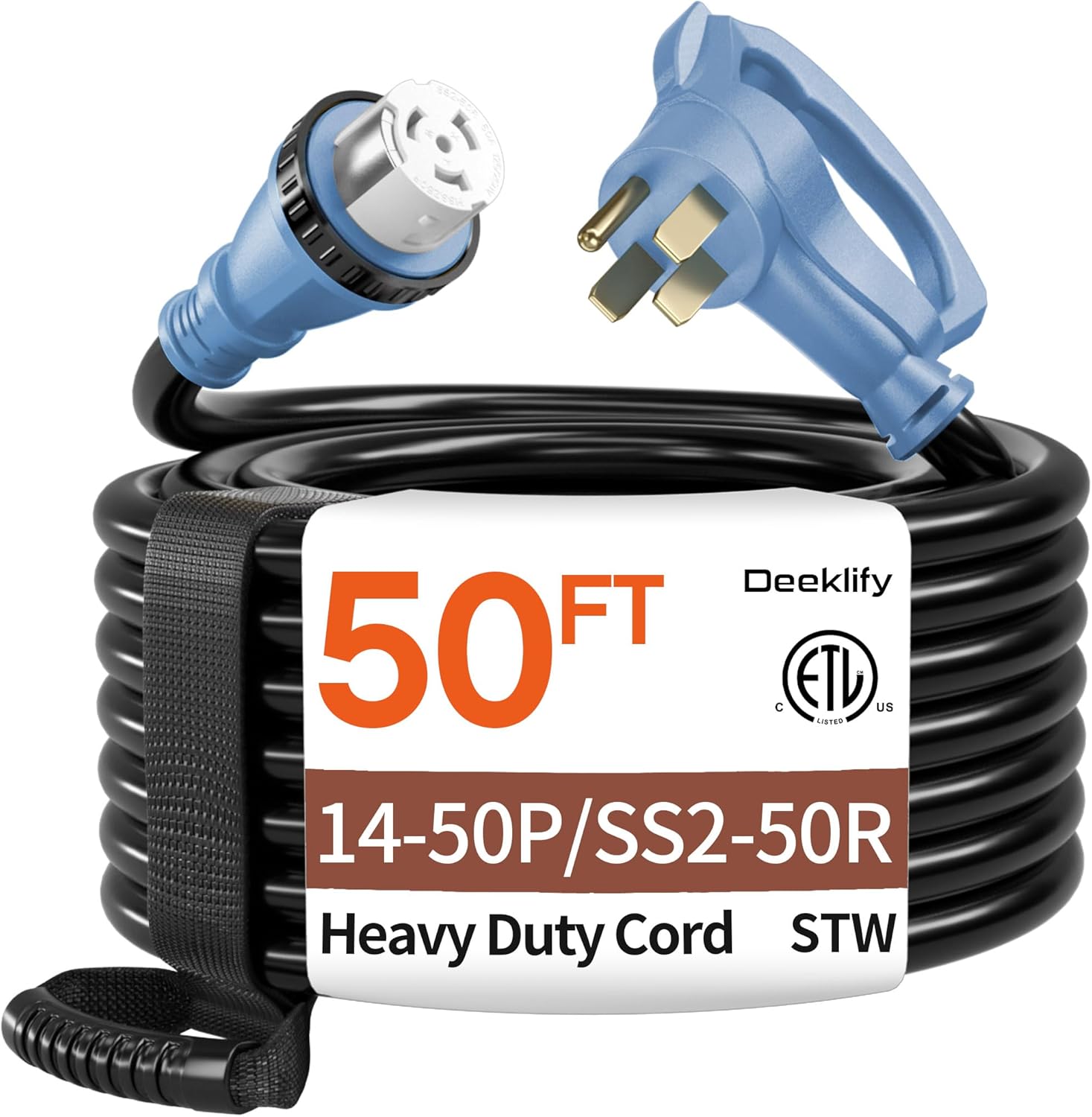 50FT 50 Amp Generator Cord, NEMA 14-50P/SS2-50R Heavy-Duty 4 Conductors Cable, Pure Copper STW RV Extension Cord, Female Plug with Twist Lock, Suitable for RV or Camper, ETL Listed