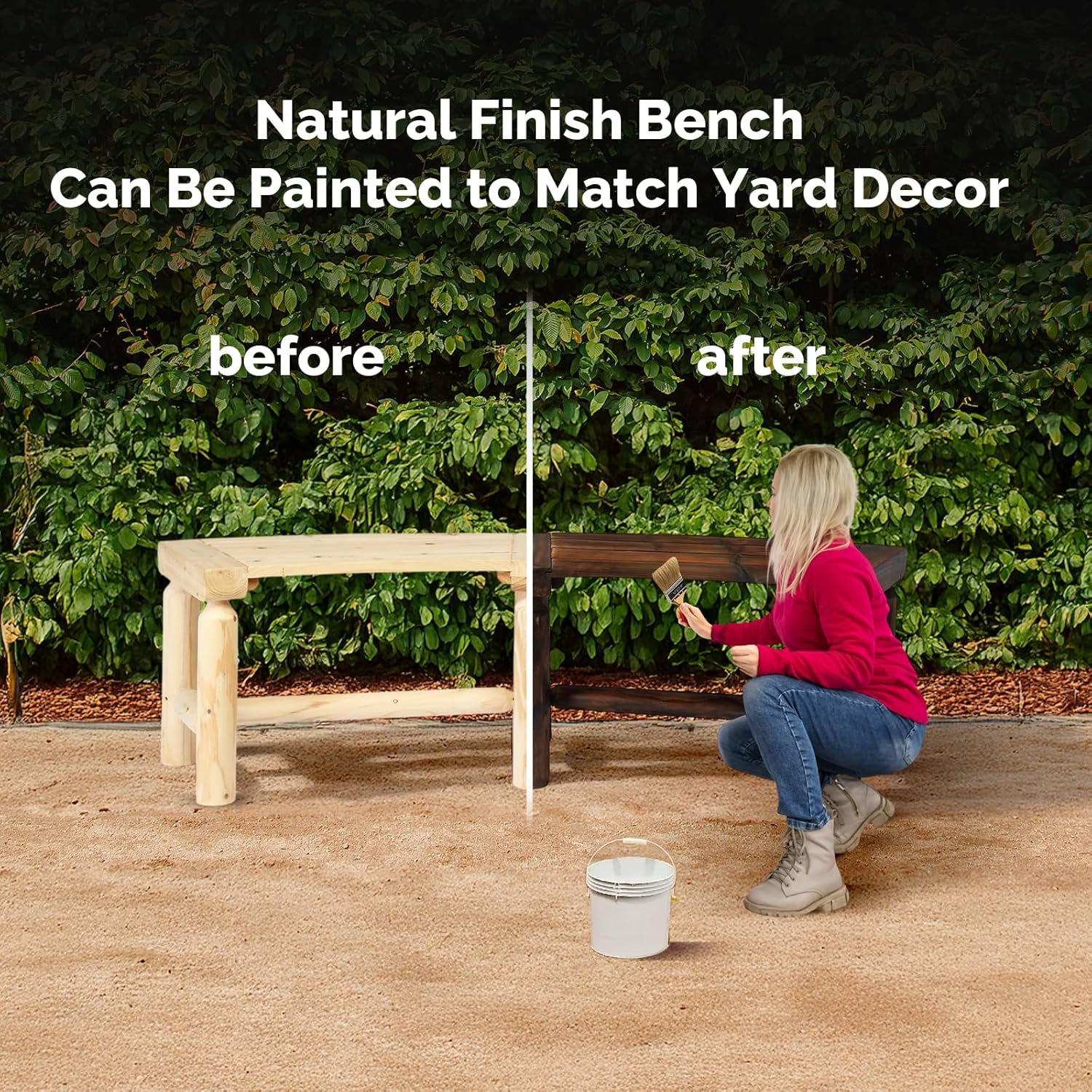 VINGLI Outdoor Bench Wooden Curved Bench, All-Weather Fire Pit Backless Patio Bench, 2-Person Seating Rustic Garden Bench for Backyard Porch Deck Entryway (Natural)