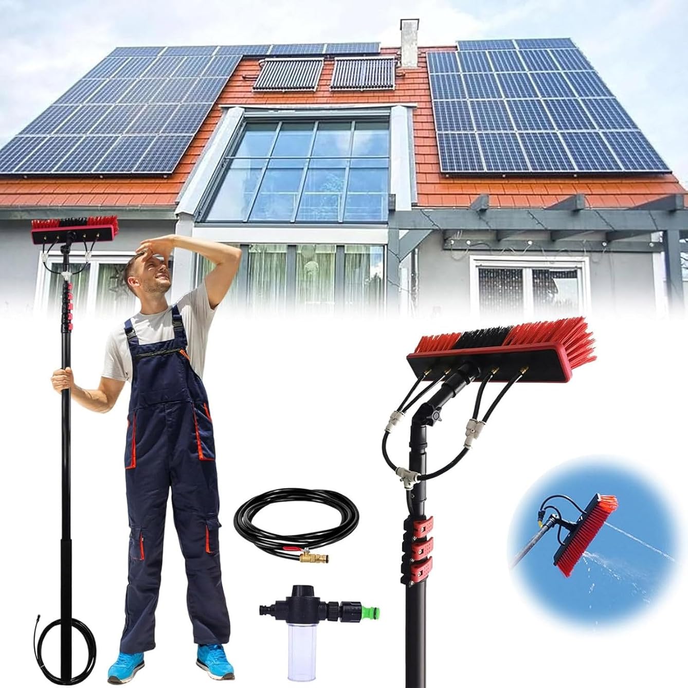 Professional Window Cleaning Kit, 3.6-10.8m Water Fed Extendable Brush, 3-in-1 Aluminum Outdoor Window Cleaner Hose, for Solar Panel, House Siding, Pool, RV,10.8m