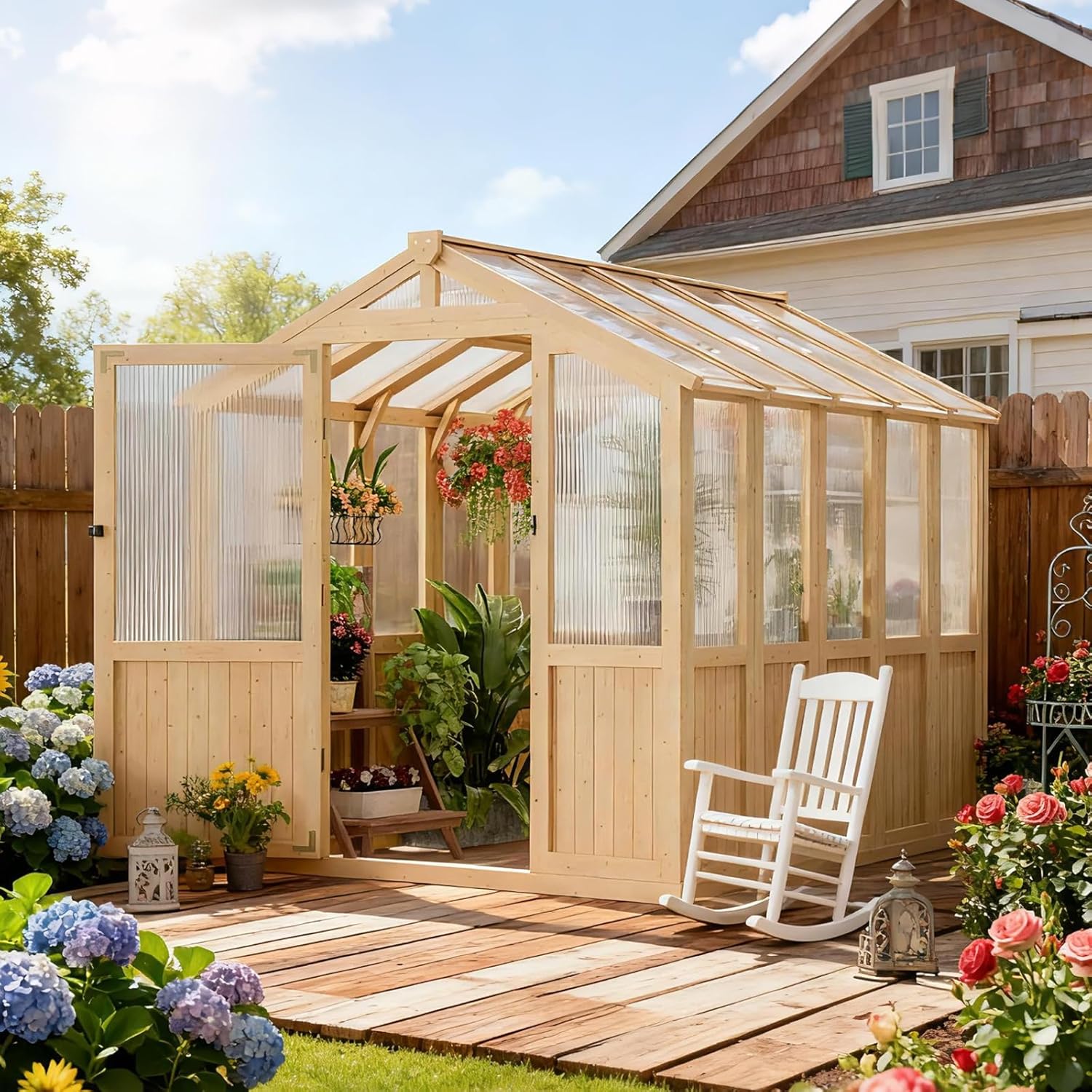 6*8 FT Wood Outdoor Greenhouse Kit, Greenhouses for Outdoors Heavy Duty with Adjustable Roof Vent and Shelves, Walk in Polycarbonate Greenhouse for Outside Garden & Backyard, Light Honey