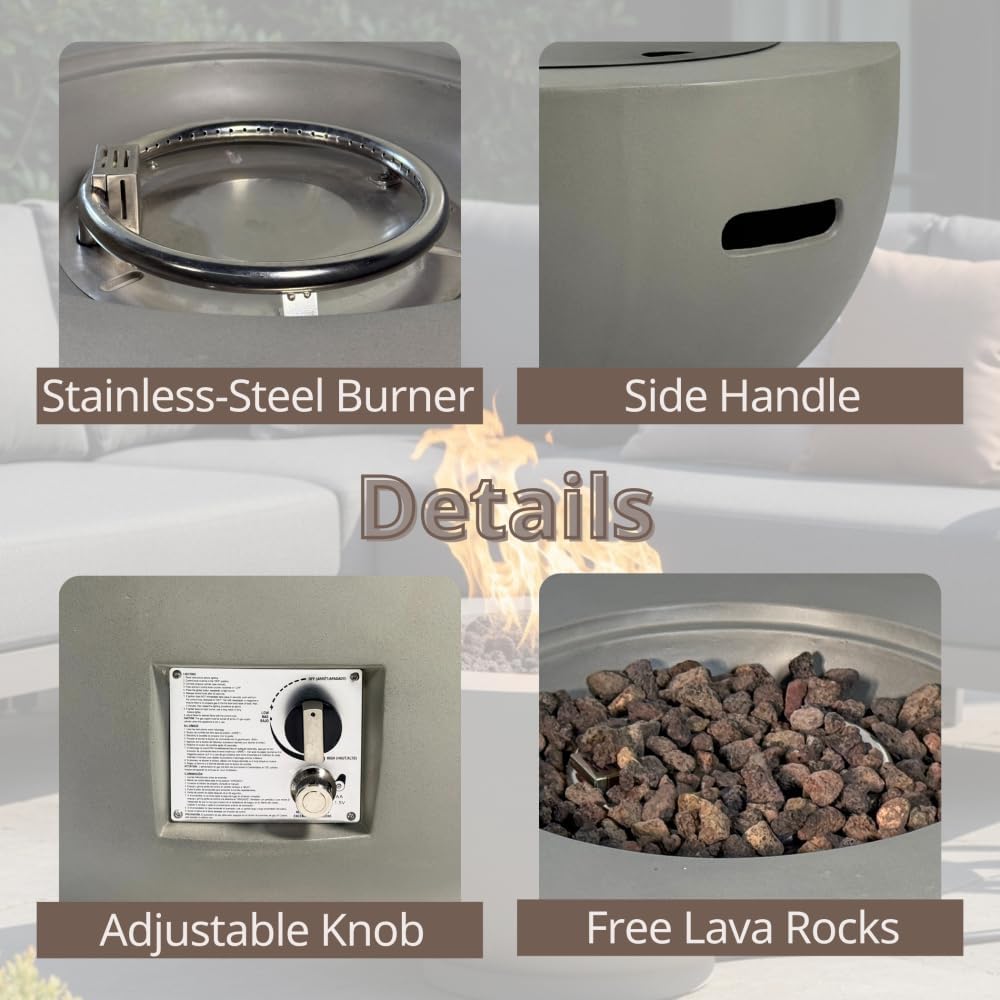 28-inch Round Outdoor Propane Fire Pit Table, 40,000 BTU Light Concrete Fire Bowl with Free Lava Rocks, Rain Cover and Lid for Patio, Garden, Deck