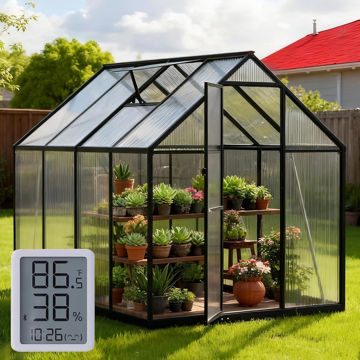 6X7.5 FT Polycarbonate Greenhouse, Walk-in Green House for Outside with Electronic Hygrometer, Reinforced Aluminum Frame Greenhouses, Heavy Duty Garden, Patio, Backyard Flower Planting