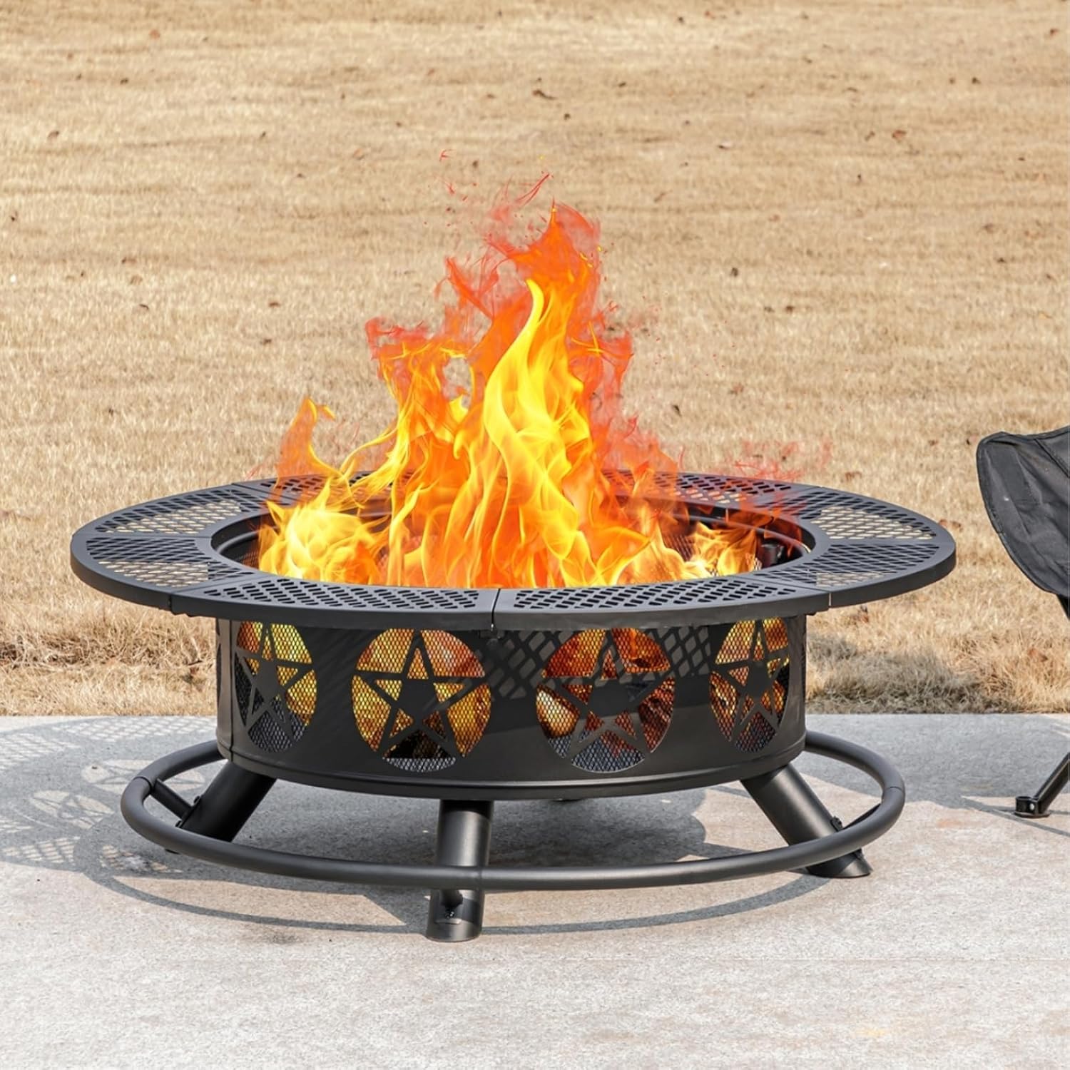 36 Inch Fire Pit with 2 Grills, Wood Burning Fire Pits for Outside with Lid & Poker, BBQ& Outdoor Firepit & Round Metal Table 3 in 1 for Patio, Picnic, Party