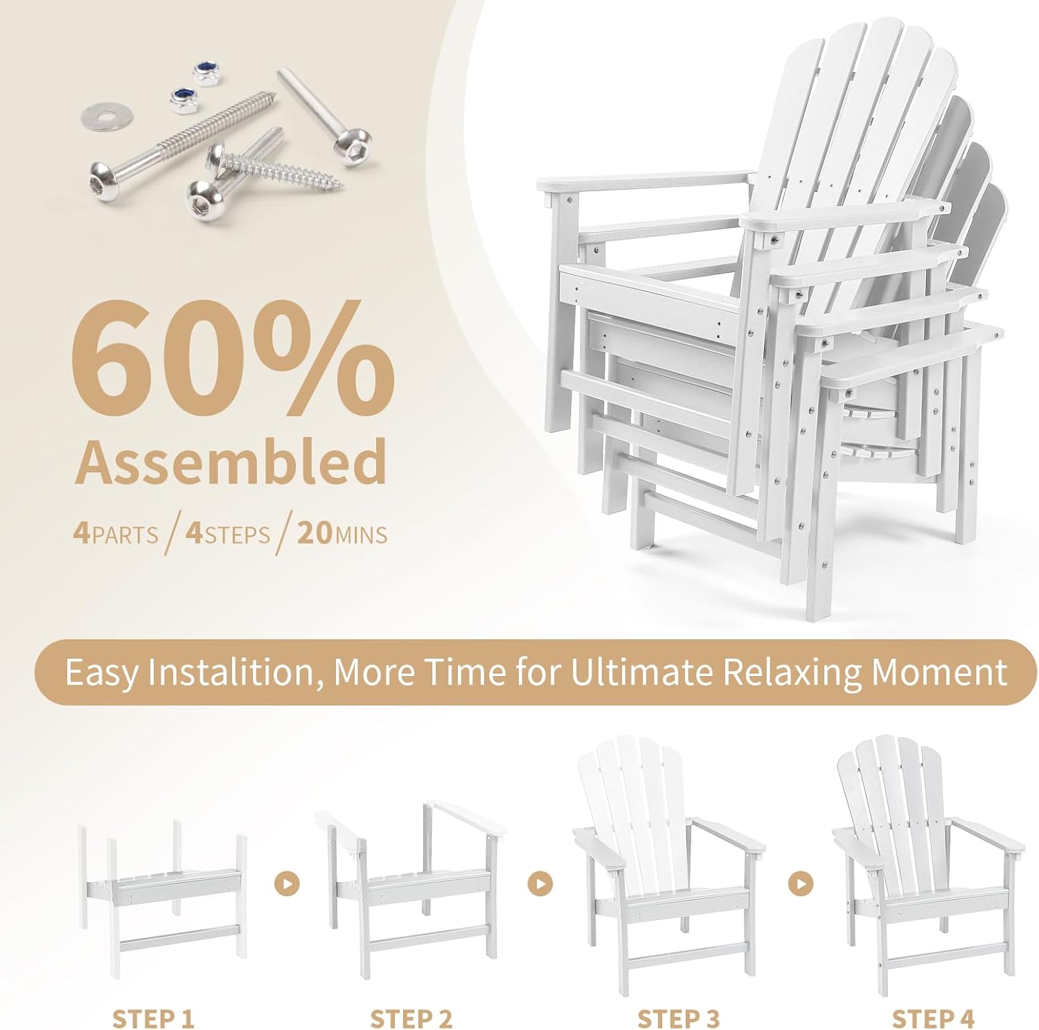Stackable Adirondack Chair, Space Saving HDPE All-Weather Fire Pit Chairs for Outdoor Lawn Porch Deck