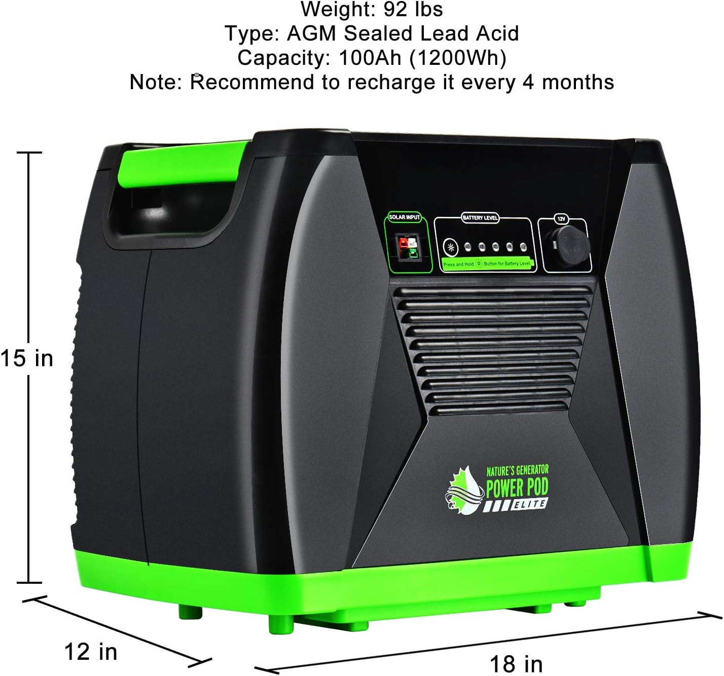 Nature's Generator Power Pod Elite-AGM Sealed Lead Acid in 100Ah with 12V DC Port and 35in Expansion Cable to Extend Nature's Generator Elite's Using Time HKNGPDEL
