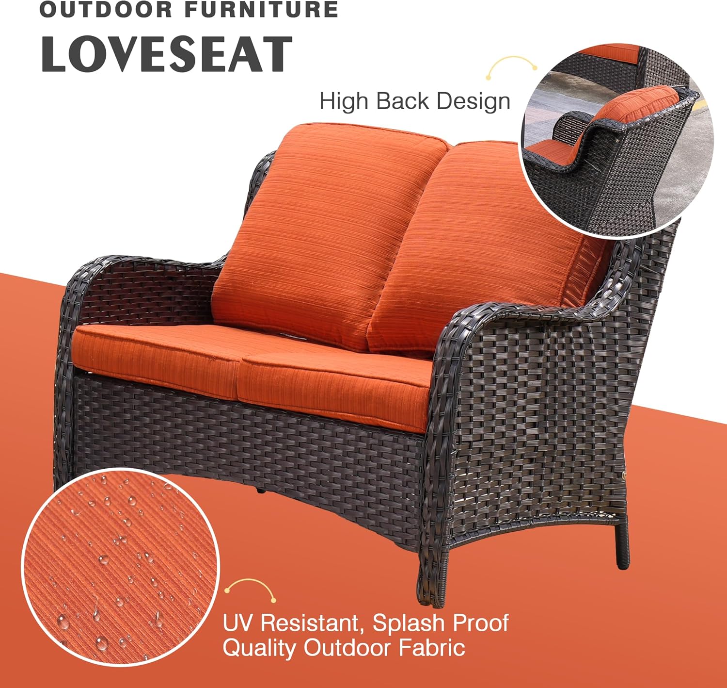 HOOOWOOO Patio Outdoor Furniture Set with Fire Pit Table,6 Piece Wicker Couch Sofa Swivel Chair Set,Weather Resistant Conversation Seating High Back Curve Arm(Orange Red)