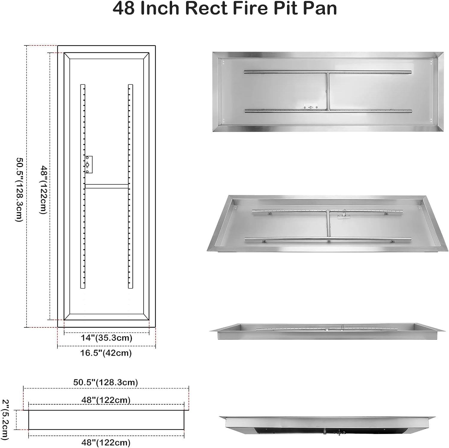 Stanbroil 48 x 14 inch Rectangle Fire Pit Kit with Spark Ignition, Drop-in Natural Gas Firepit Burner for DIY Fire Table Outside Patio Backyard Balcony, Natural Gas Version, 185,000 BTU Max