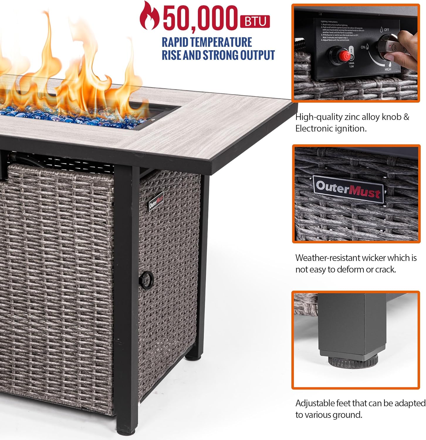 42 Inch Propane Fire Pit Table, 50,000 BTU Hand-Woven Rattan Outdoor Fire Pit with Lid & Blue Glass Bead, Outdoor Fireplace for Patio Deck Garden, Gray