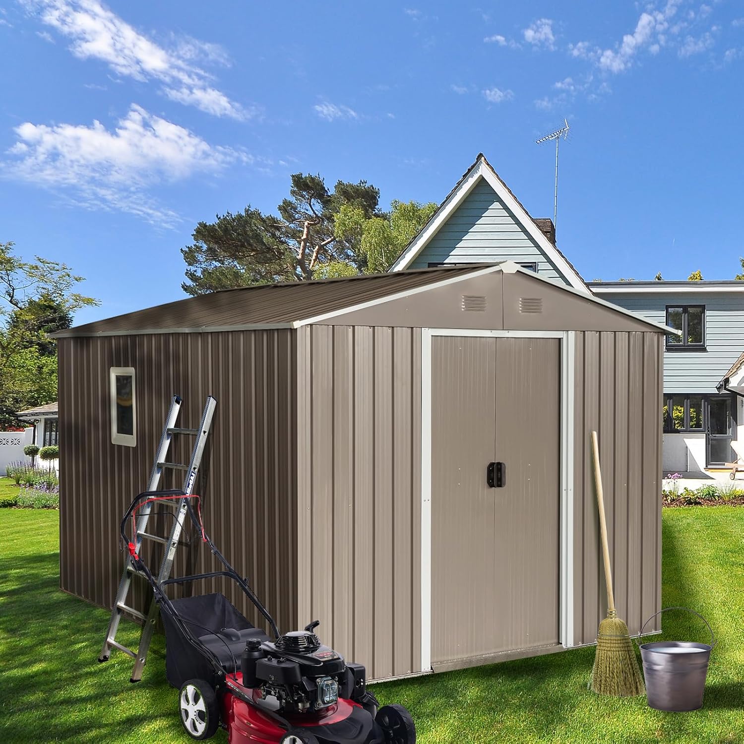 8 x 10 FT Outdoor Storage Shed, Metal Garden Shed with Floor Frame, Tool Sheds Outdoor Storage with Lockable Sliding Doors & Window & Air Vents, Storages House Waterproof for Backyard, Lawn, Gray