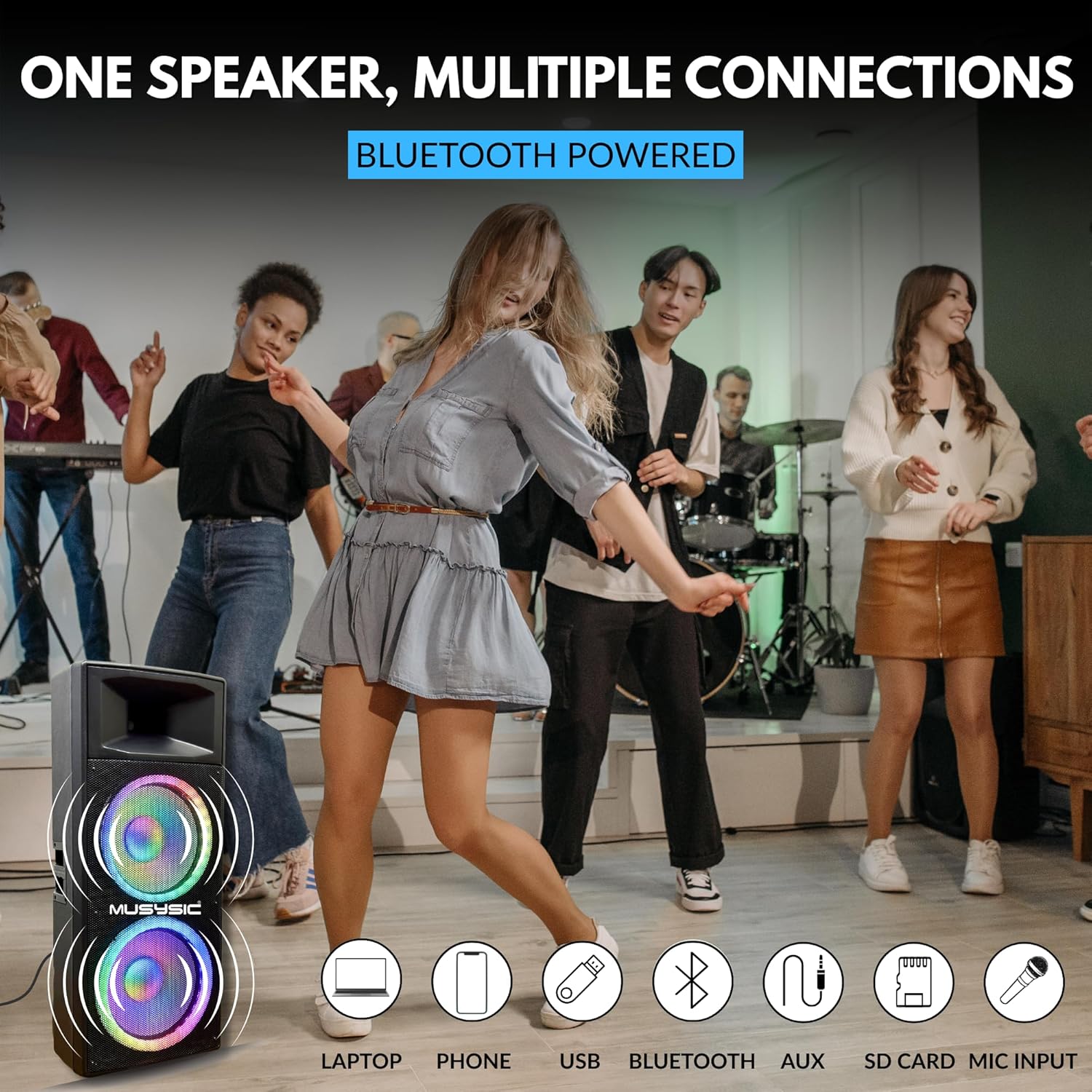 MUSYSIC Portable PA Speaker System w/Bluetooth – Built in 4000W PMPO Amplifier with LED Party Lights Bluetooth, FM, USB, SD 1/4“Inputs PA System – 2 X 15” Subwoofer Speaker