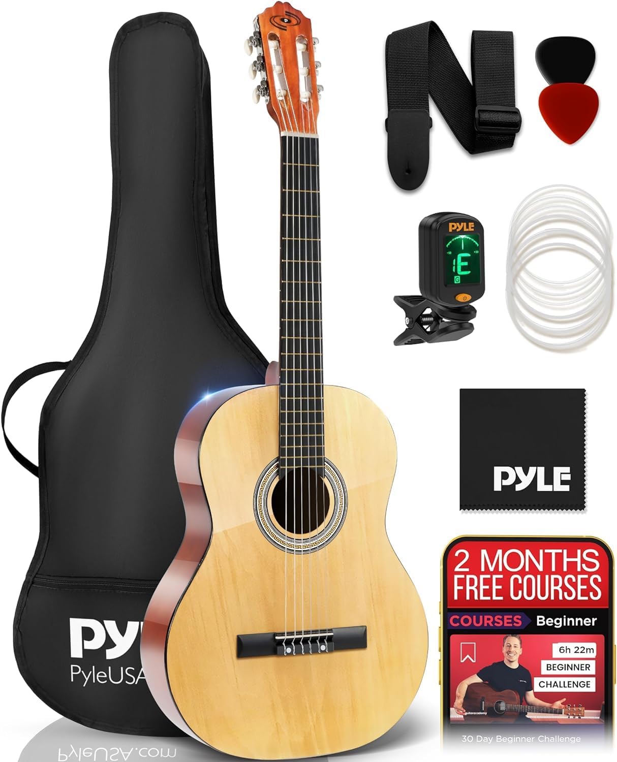 Pyle Left Handed Classical Acoustic Guitar Kit, 3/4 Junior Size All Wood Instrument for Beginner Kids, Adults, 36