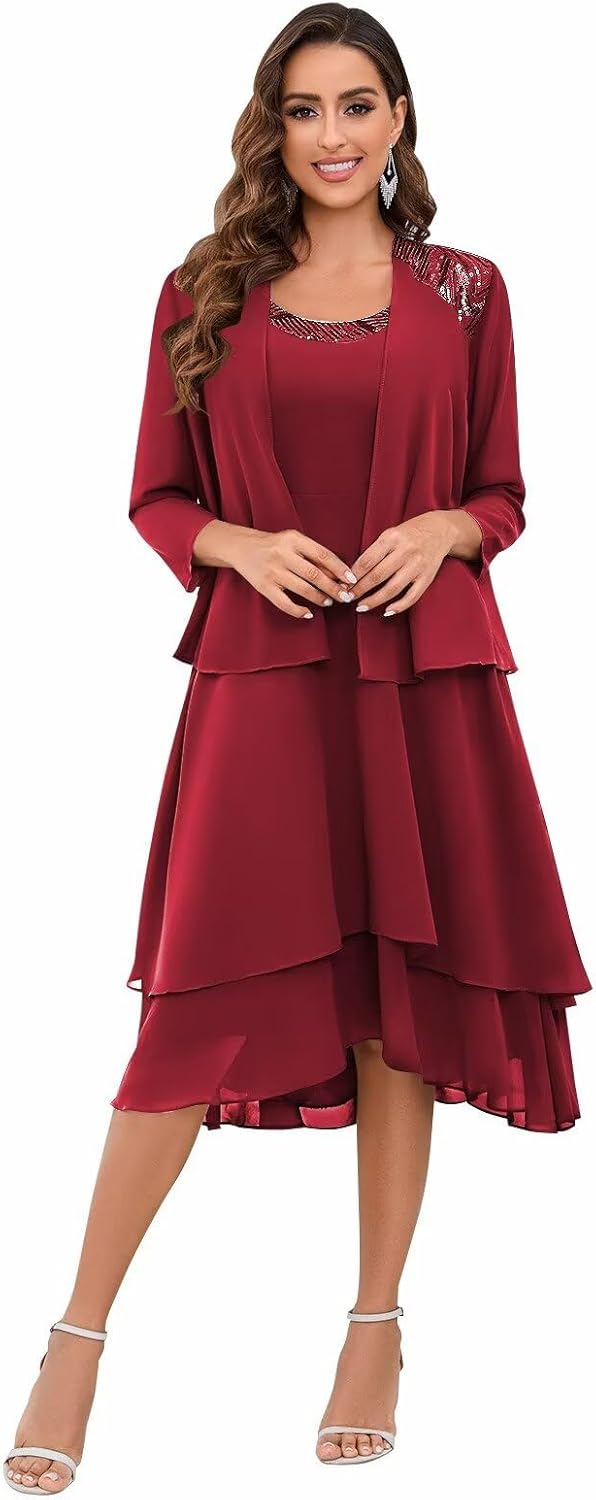 BANTRATIC 2 Pieces Mother of The Bride Dresses for Wedding 3/4 Sleeve Knee Length Hi-Lo Chiffon Sequin Formal Party Gown