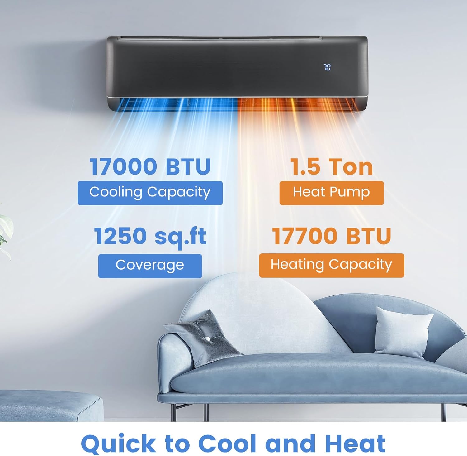 SIMOE 18000 BTU Mini Split AC 21 SEER2, Air Conditioner & Heater Cools up to 1250 Sq. Ft, 208-230V, Ductless Mini Split AC with 1.5 Ton Pre-Charged Heat Pump, Complete Installation Kit, Grey