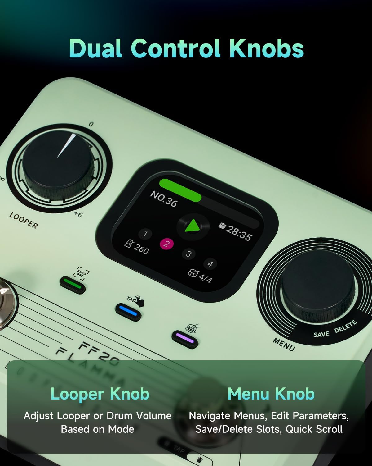 FLAMMA FF20 Looper Pedal Drum Machine, Drum Looper Guitar Pedal with Screen, 300 Min Recording, 220 Drum Grooves, 100 Loop Slots, Time Stretch, Auto Record, USB & Headphone Out, for Guitar and Bass