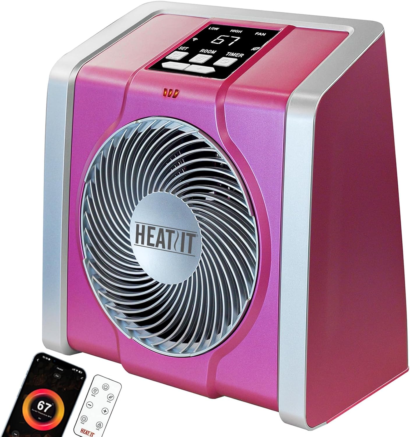 HEATIT Space Heater with Remote for Indoor, Digital Display with Thermostat,Containing Plasma & Ozone, 1-12H Timer, 1500W/750W,Electric Space Heater for Office, Bedroom,Pink,10.6