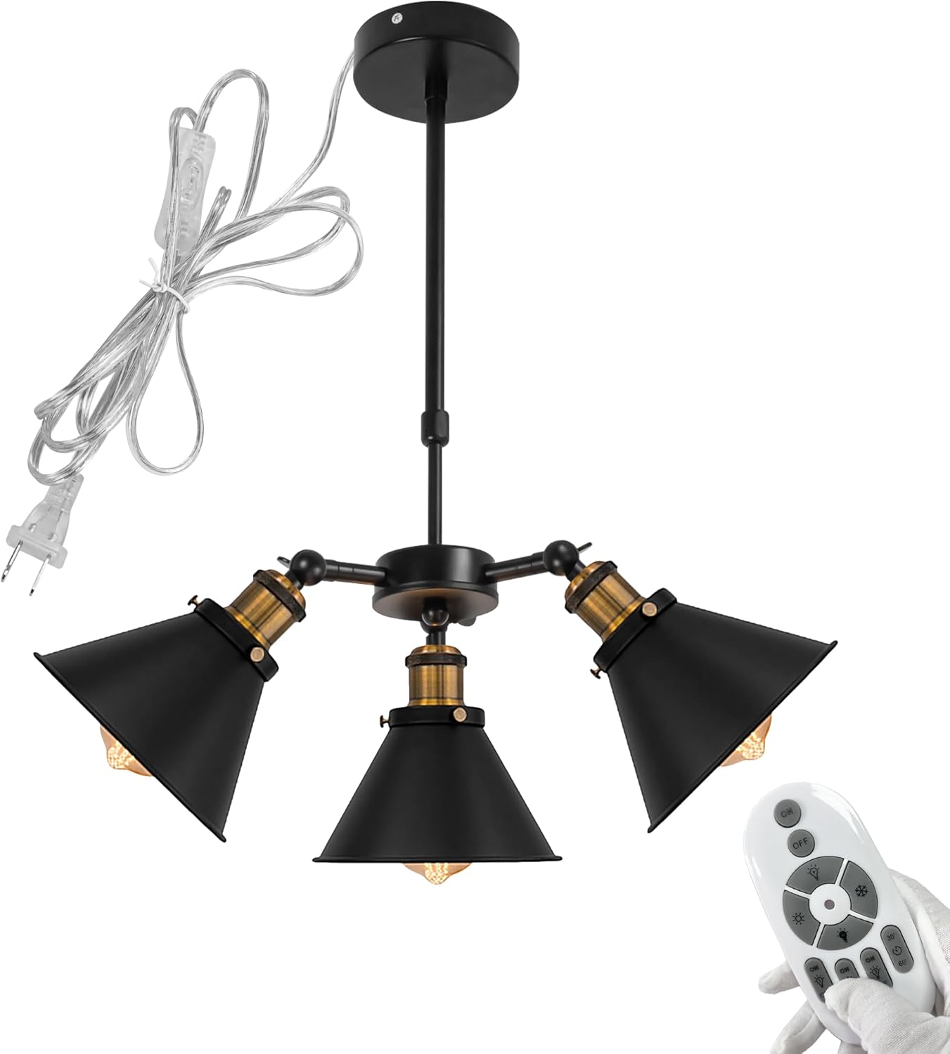 3-Heads Farmhouse Candle Lamp Adjustable Height Telescoping Rod 15ft Plug-in Cord by Remote, Smart Edison Bulbs Black Iron Island Light for Sloping Roof Dining Staircase NO Wiring Needed