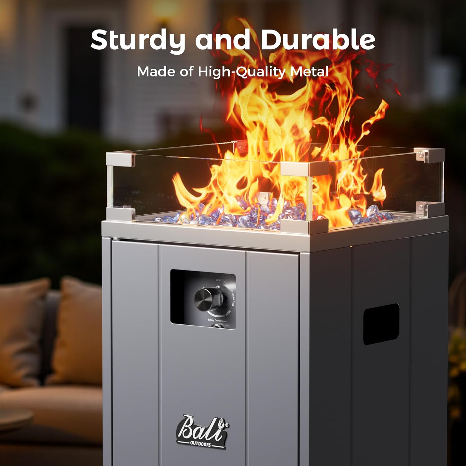 BALI OUTDOORS 15 inch Gas Fire Pit, Outside Propane Firebowl with Glass Wind Guard, Patio Square Fireplace with Fire Glass Stone for Backyard, Garden and Terrace
