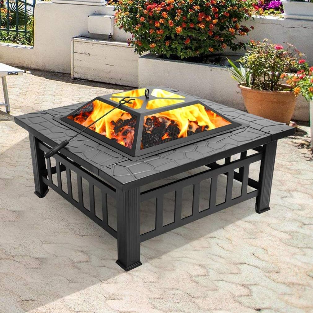 Fire Pit, 32” Outdoor Metal Fire Pit Table with Durable Steel Frame, Poker & Mesh Cover, Wood Burning Square Fireplace Backyard Patio Stove for Camping Picnic Bonfire BBQ, Black
