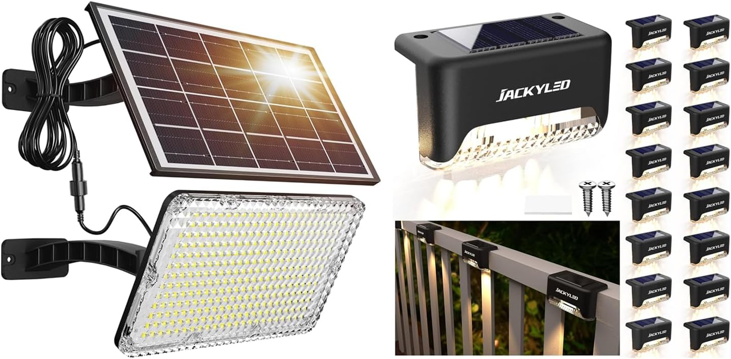 JACKYLED 1000 Lumens 299 LED Outdoor Solar Flood Lights and 16 Pack Solar Fence Lights Waterproof Solar Lights for Backyard Fence Step Railing