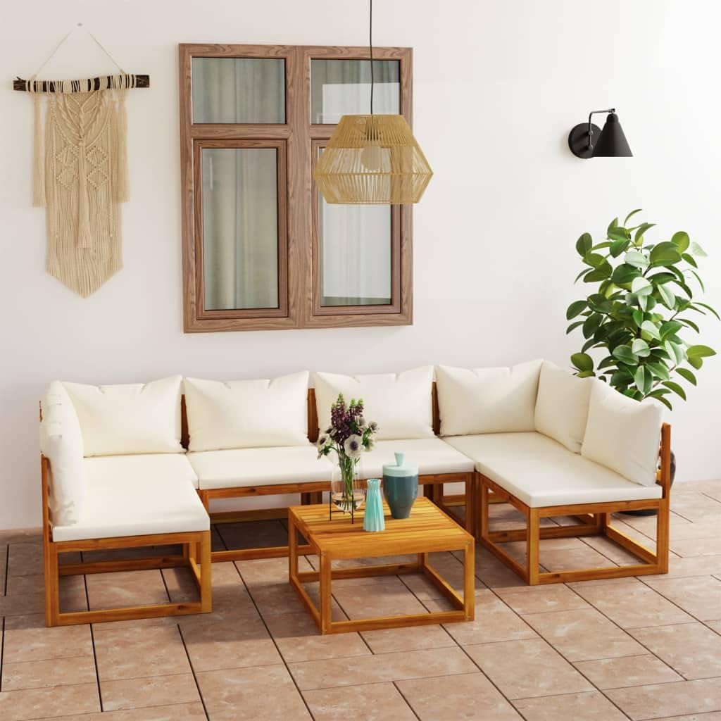 7 Piece Patio Lounge Set with Cushion Cream Solid Acacia Wood,Acacia Wood Lounge Set: Durable and Stylish for Outdoor Comfort Patio Furniture Sets, Outdoor Furniture Sets