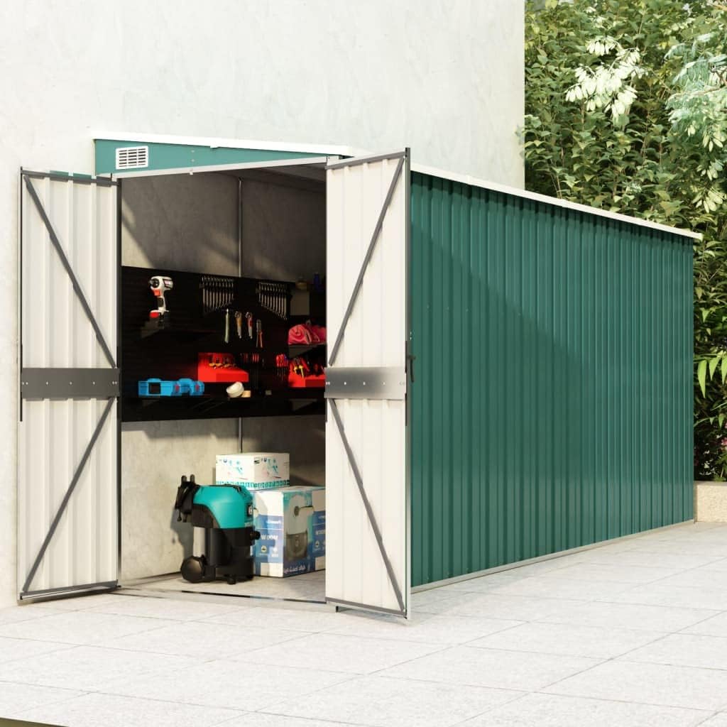 Wall-Mounted Galvanized Steel Outdoor Storage Shed Green 46.5x150.4x70.1 Inch Garden Tool Shed with Lockable Doors for Backyard Patio Pool Accessories