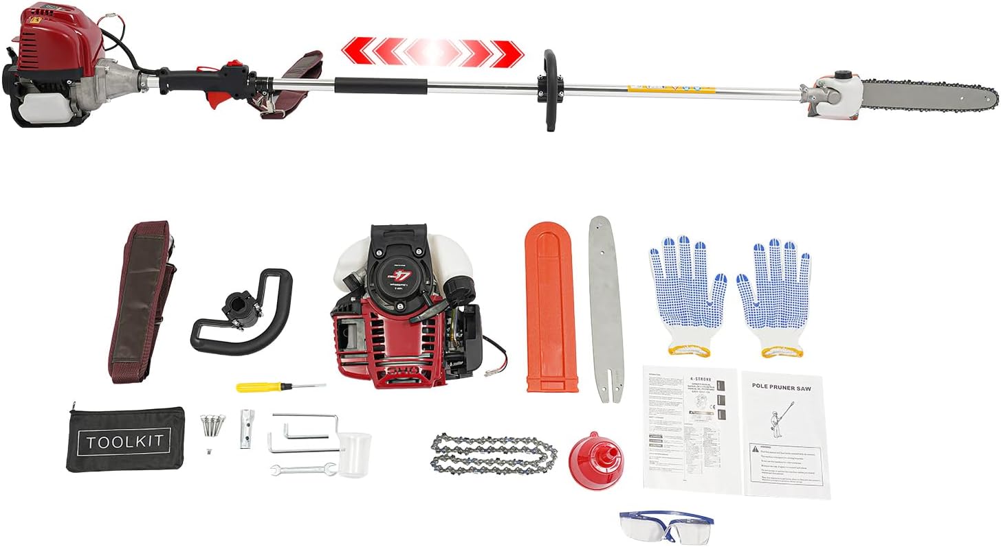 42CC Gas Powered Pole Saws, 4-Stroke 1.25kw Pole Tree Saw 7.87-11.48ft Pole Adjustable Extendable Pruning Chainsaw 8500rpm Tree Trimmer Long Reach Chain Saw for Tree Hedge Trimming Bush Pruning