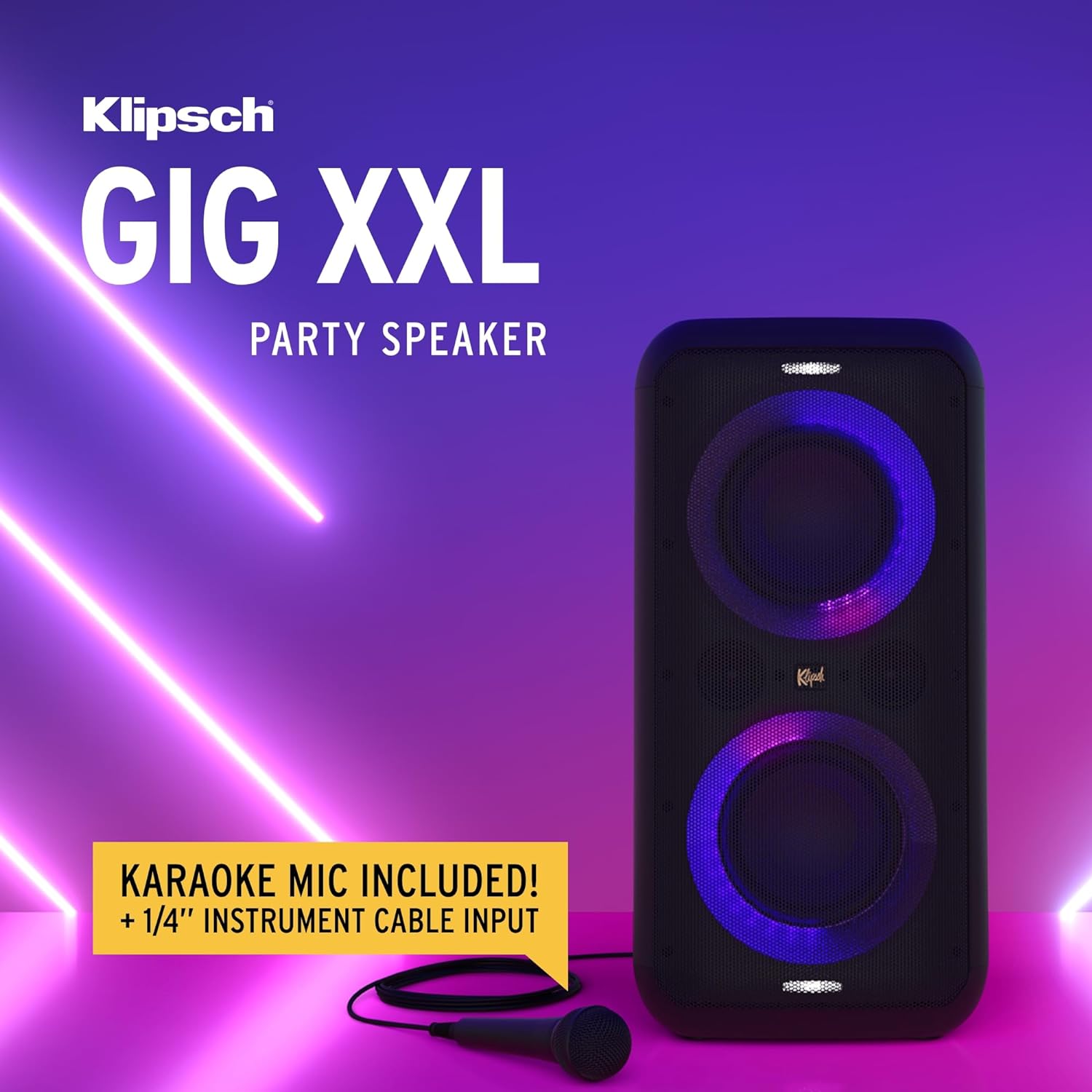 Klipsch Gig XXL, Black - Portable Wireless Bluetooth Speaker - Multiple Color Modes - Bass Boost - Two 6.5