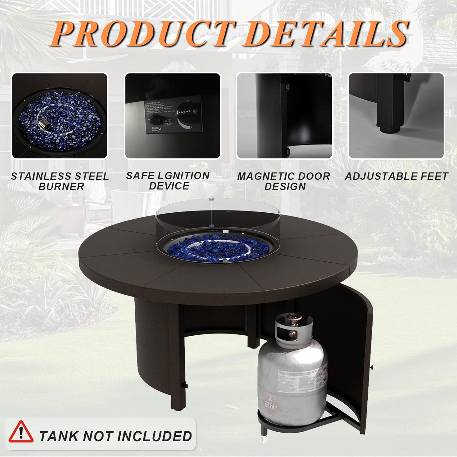 Kurapika Propane Round Fire Pit Table 48in, 40,000 BTU Auto-Ignition Round Gas Fire Pits, CSA Certification, Wider Desktop Round Fire Tables with Windshield, Blue Stone and Lid, for Outside Patio