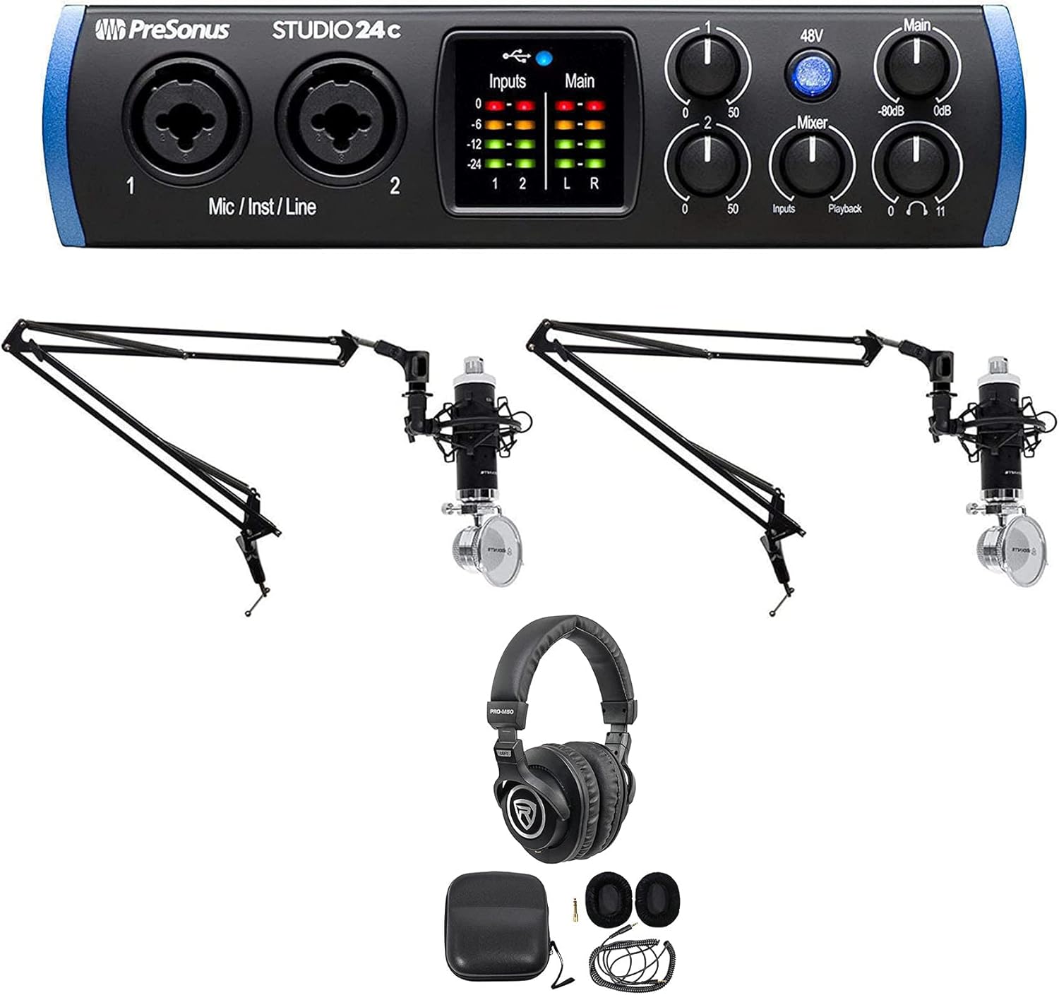 Presonus STUDIO 24C 2x2 USB-C Audio MIDI Recording Interface, 2 XMAX Mic Preamps Bundle with Rockville RCM03 Pro Recording Condenser Mic, PRO-M50 Studio Headphones and DMS40 40