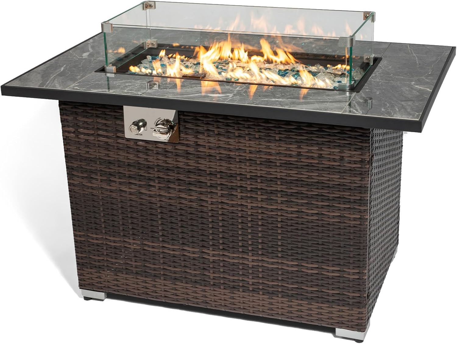 Propane Fire Pit Table, Outdoor Gas Fire Pit Rectangle 50000 BTU, 43 Inch Fire Table for Outside Patio with ETL-Certified, Auto Ignition, Ceramic Tabletop, Glass Wind Guard, Cover, Brown Wicker