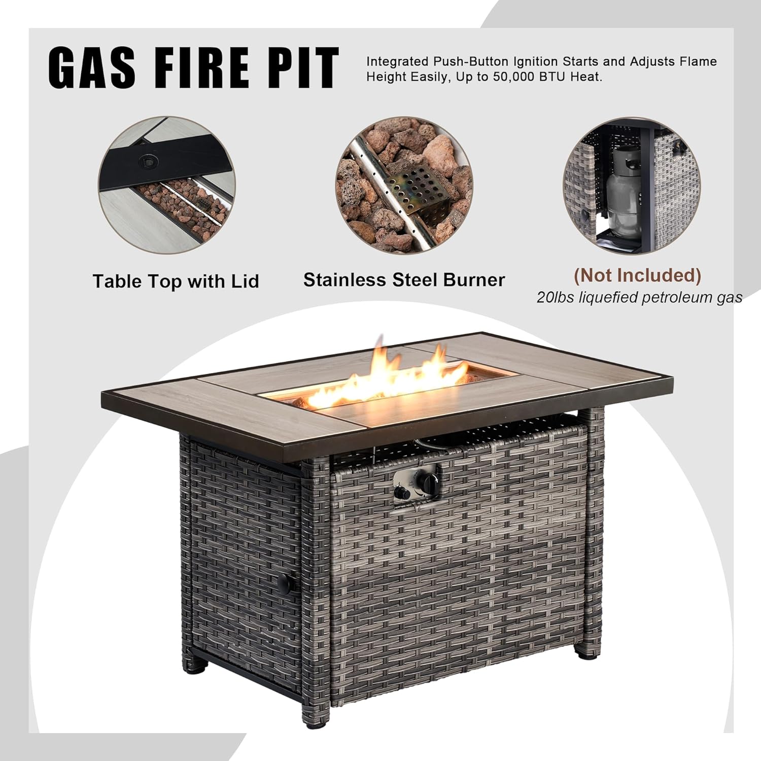 HOOOWOOO Outdoor Patio Furniture Set with Large Fire Pit Table,8 Piece Modern Wicker Couch Sofa Set with Ottoman, Outside All Weather Rattan Conversation Seating Set with Tilt Back(Dark Gray)