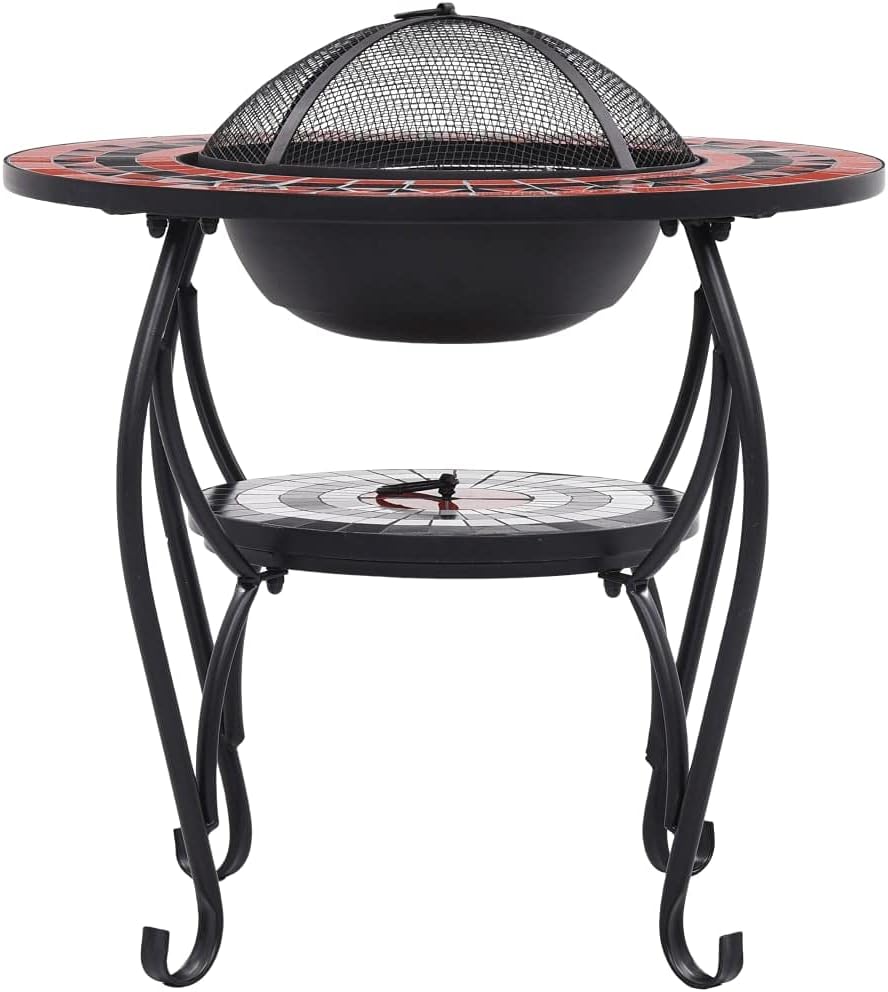 Mosaic Fire Pit Table with Mesh Cover and Electroplating Grid Ceramic Propane Fire Pits Absorbing and Radiating Heat Round Outdoor Fireplace for Garden Patio 26.8
